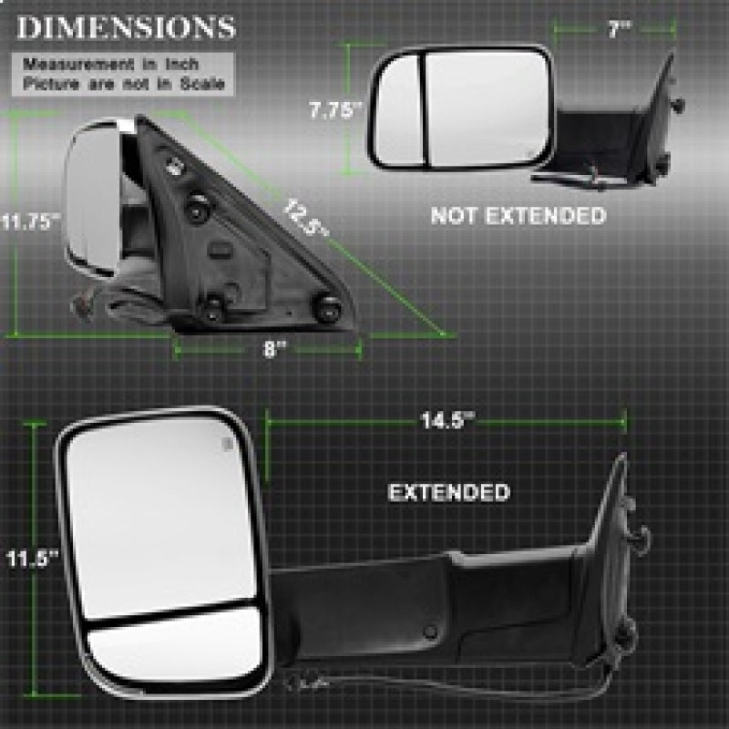 xTune Dodge Ram 1500 09-12 Extendable Power Heated Adjust Mirror Chrome Housing Left MIR-DRAM10-PW-L