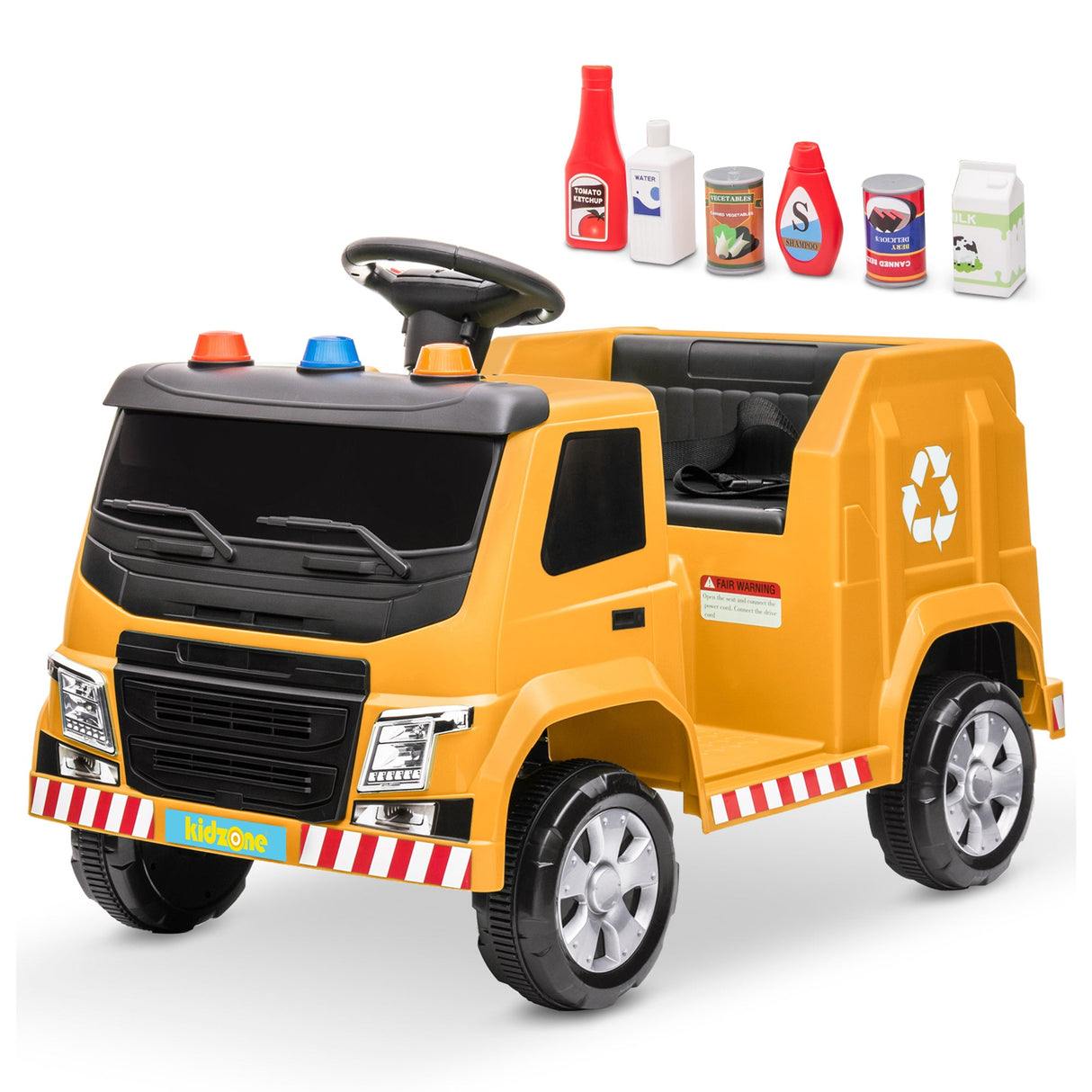Kidzone 6V Garbage Truck Ride On Toy with LED Lights and Recycling Accessories