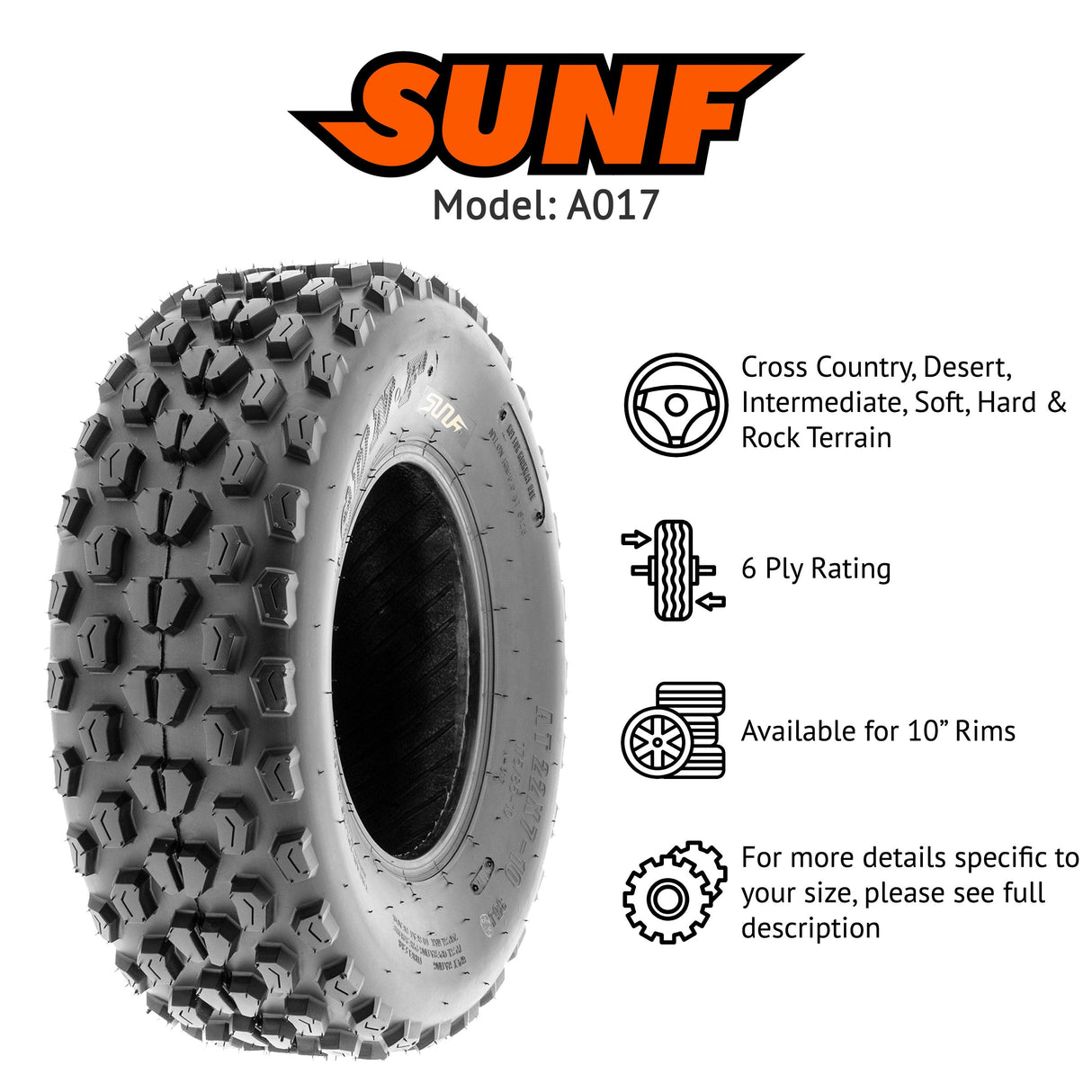 SunF ATV TIRE/UTV TIRE All Terrain 6 PR Tubeless A017 (set of 2) SUNF