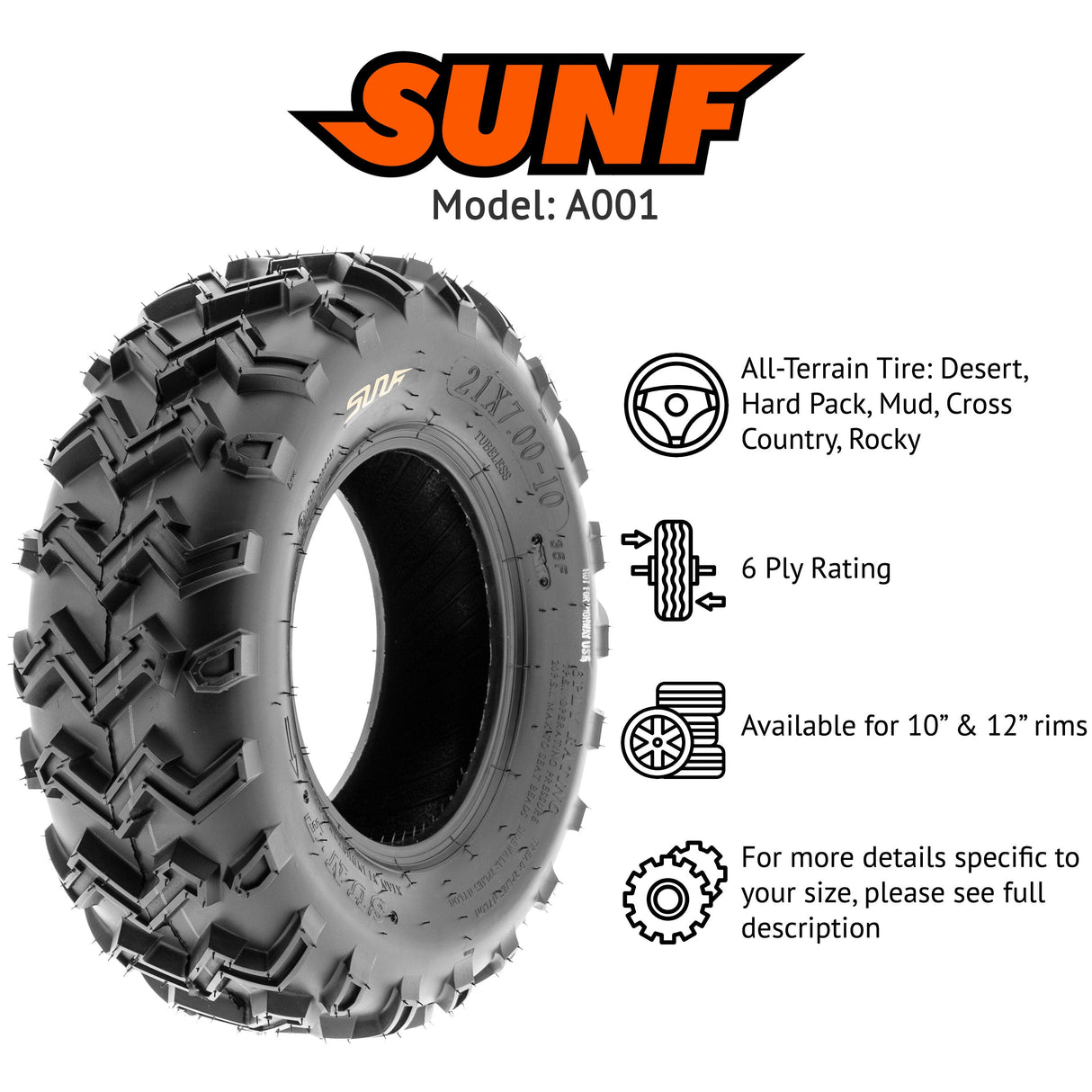 SunF ATV TIRE/UTV TIRE All Terrain 6 PR Tubeless A001 (set of 2) SUNF
