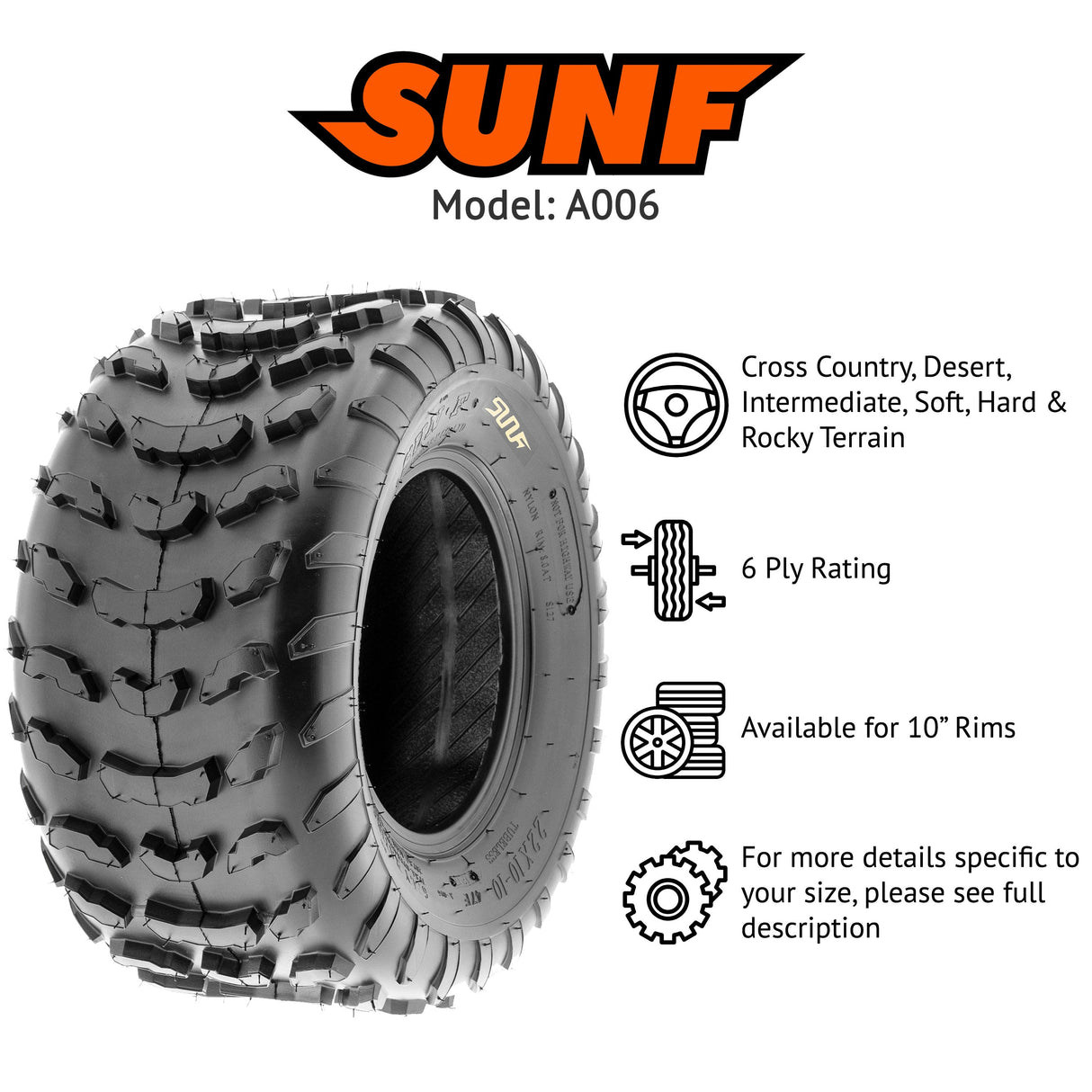 SunF ATV TIRE/UTV TIRE All Terrain 6 PR Tubeless A006 (set of 2) SUNF
