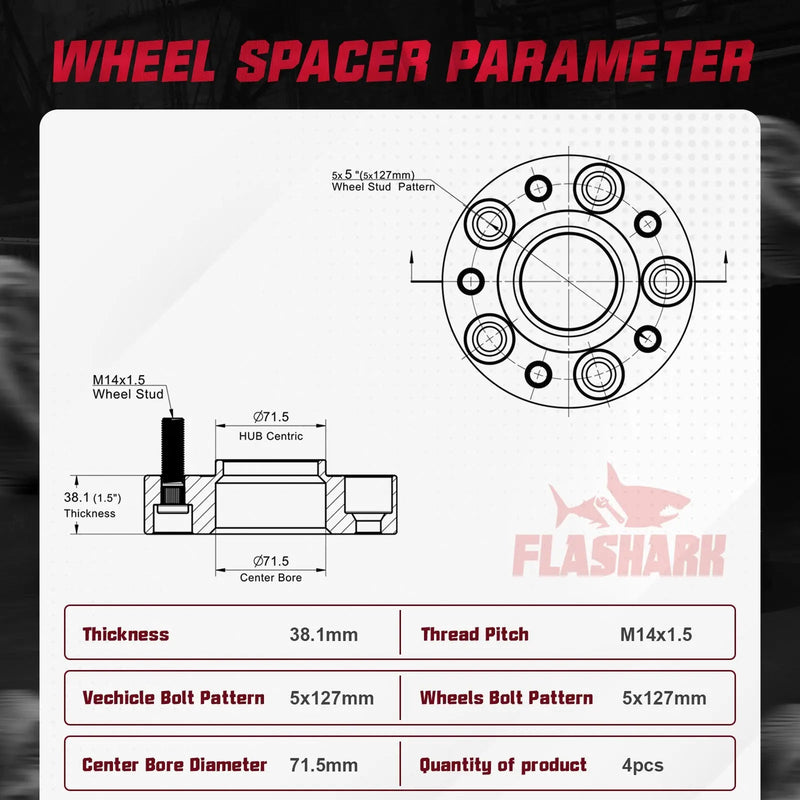 1.5 inch 2018-2022 Jeep Wrangler TJ YJ / 2011-2022 Dodge Durango 5x5" Wheel Spacers 4PCS Flashark
