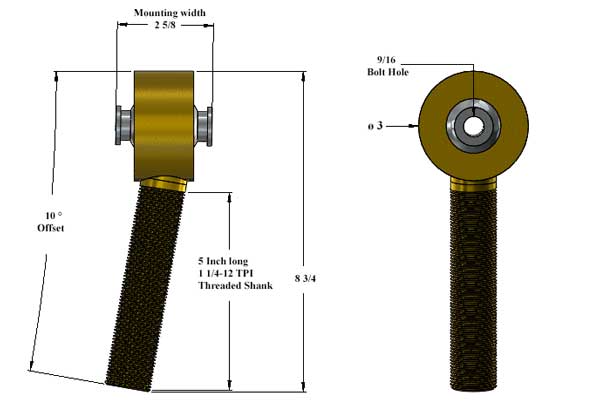 10° Offset Enduro Joint 2 5/8 Inch Mounting Width 9/16" Bolt Hole  1 1/4-12 Right Hand Thread