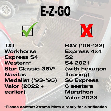 E-Z-GO TXT Floor Mats - Fits All TXT Trims (1996+)/S2 (2020 & earlier) / Workhorse/Express S4 (2020 & earlier)/Valor (2022 & earlier)/Medalist 1993-1995/Cushman/TXT Style Navitas Frame