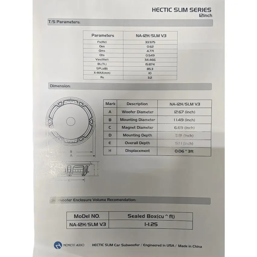 Nemesis Audio NA-12HSLM v.3 12" 800W RMS Shallow Mount Subwoofer DVC 4-Ohm