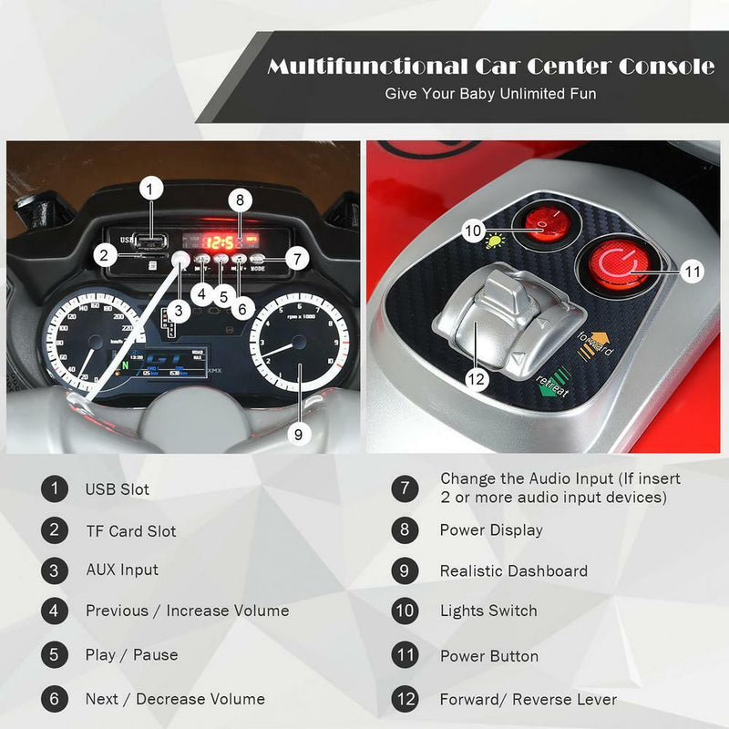 12.8 Inch Electric Ride-On Motorcycle for Kids 3+ Years with LED Lights - Red