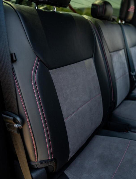 PRP 2021+ Ford 150/ 2023+ SuperDuty Rear Seat Covers (Pair) - Black w/ Red Stitch