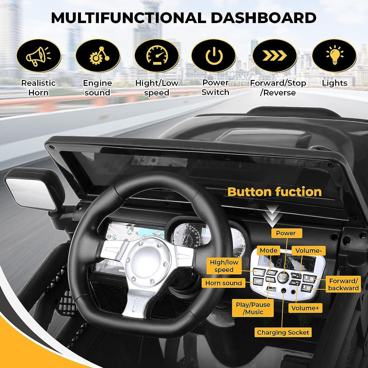 Electric Ride-On Car for Kids with Bluetooth and Music Player - 3 Speed Options