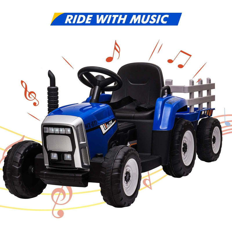 12V Battery Powered Electric Tractor with Trailer Ride-On Toy for Kids with Remote Control