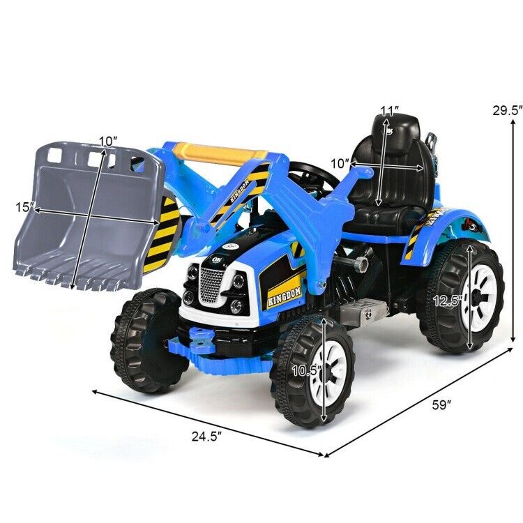 12V Battery Powered Kids Excavator Truck with Front Loader Digger - Blue