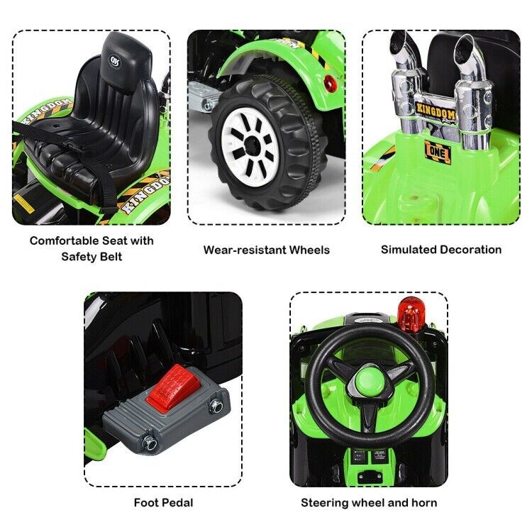 12V Battery Powered Kids Excavator Truck with Front Loader Digger - Green
