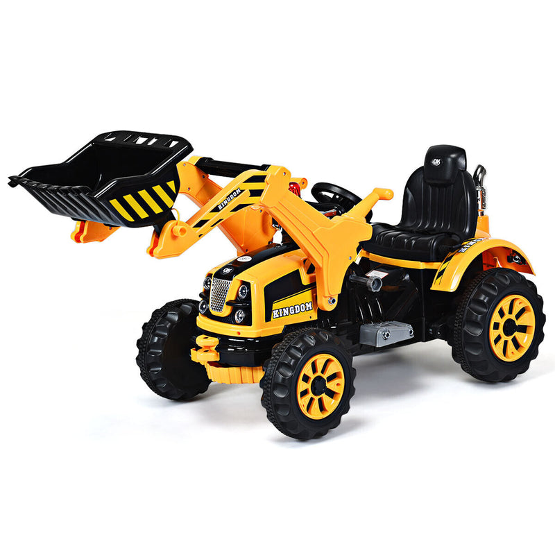 12V Battery-Powered Kids Excavator Truck with Front Loader Digger in Yellow