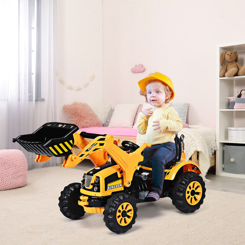 12V Battery Powered Kids Excavator Truck with Front Loader Digger - Yellow