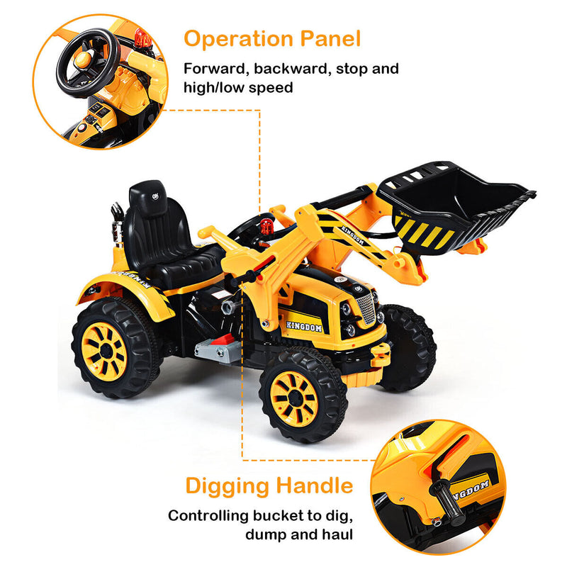 12V Battery Powered Kids Excavator Truck with Front Loader Digger - Yellow