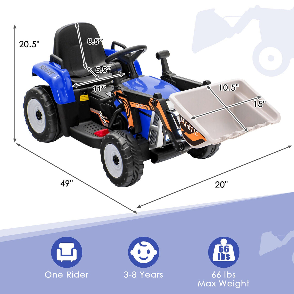 12V Battery Powered Kids Excavator with Adjustable Arm - Blue