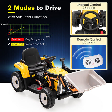 12V Battery Powered Kids Excavator with Adjustable Arm - Yellow