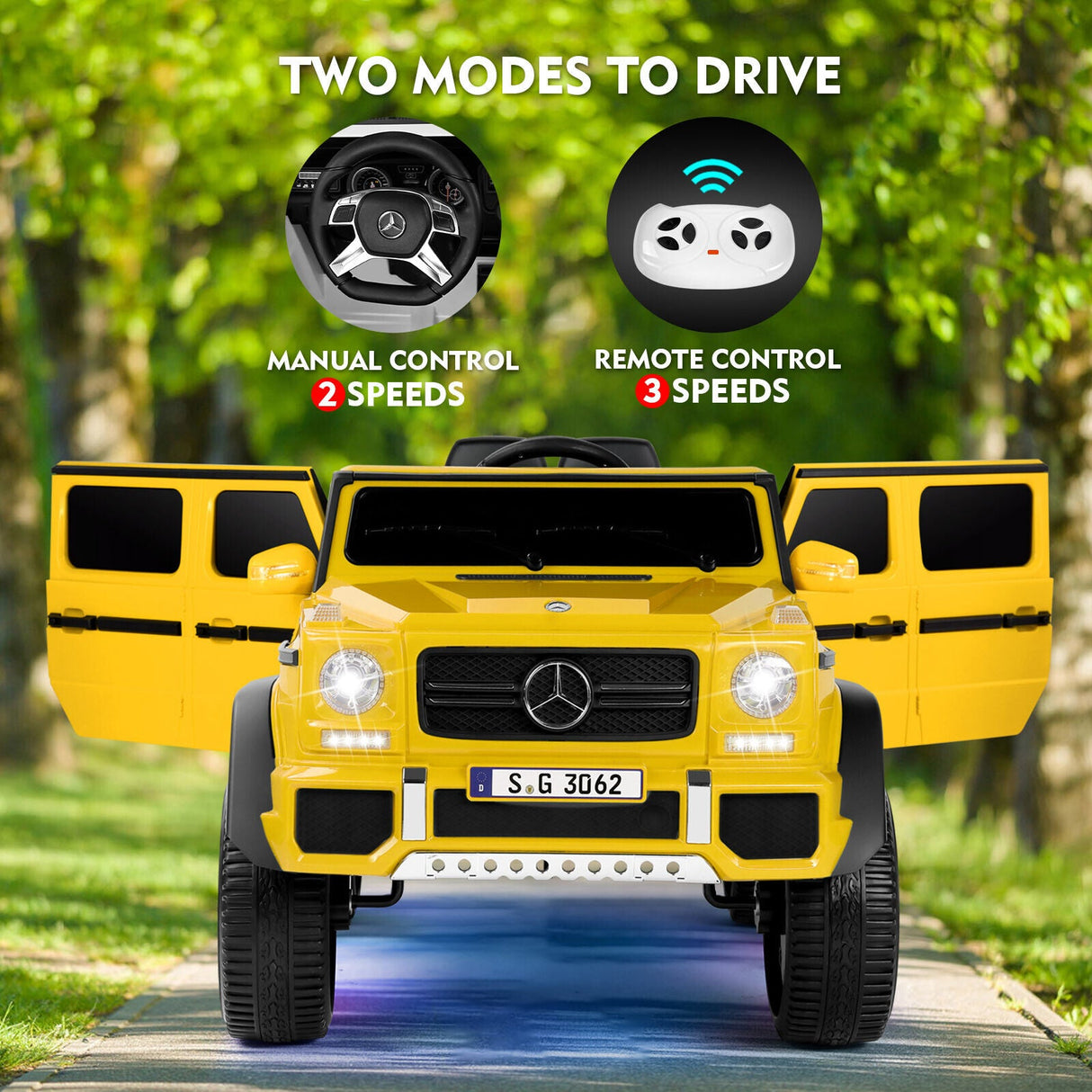 Mercedes-Benz Truck 12V Battery Ride On Car for Kids with 3 Speeds, LED Lights, Music, and Remote Control - Yellow