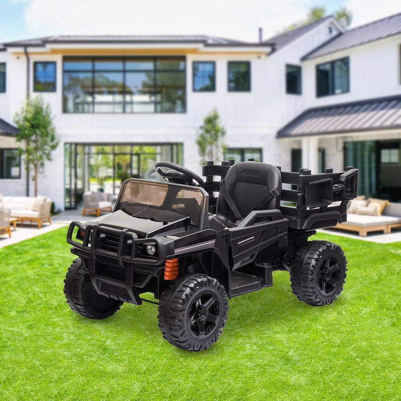12V Battery-Powered Ride-On Tractor Truck with Detachable Trailer in Black