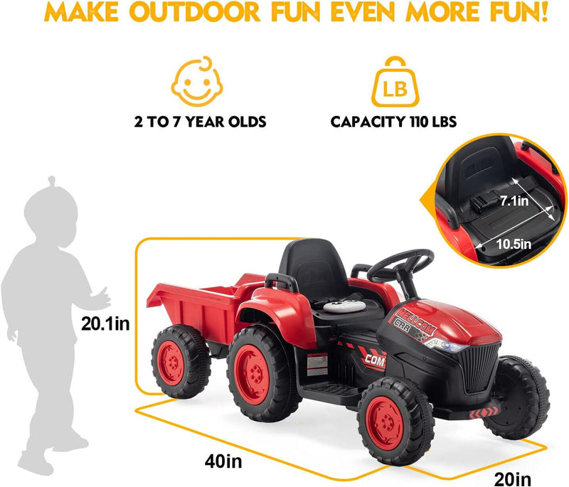 12V Battery Powered Ride-On Tractor with Trailer for Kids