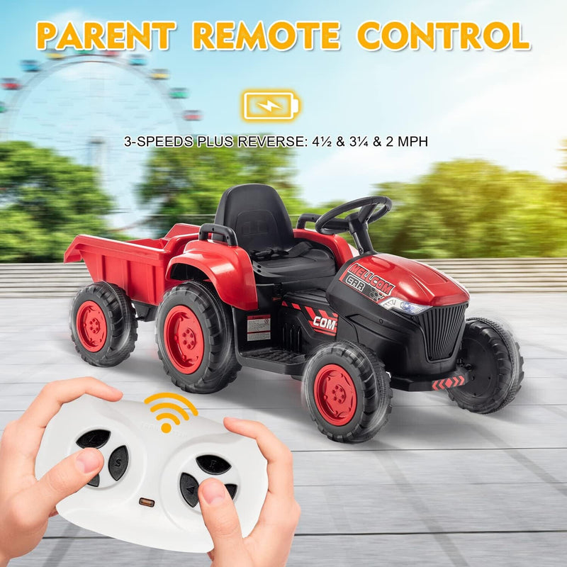 12V Battery Powered Ride-On Tractor with Trailer for Kids