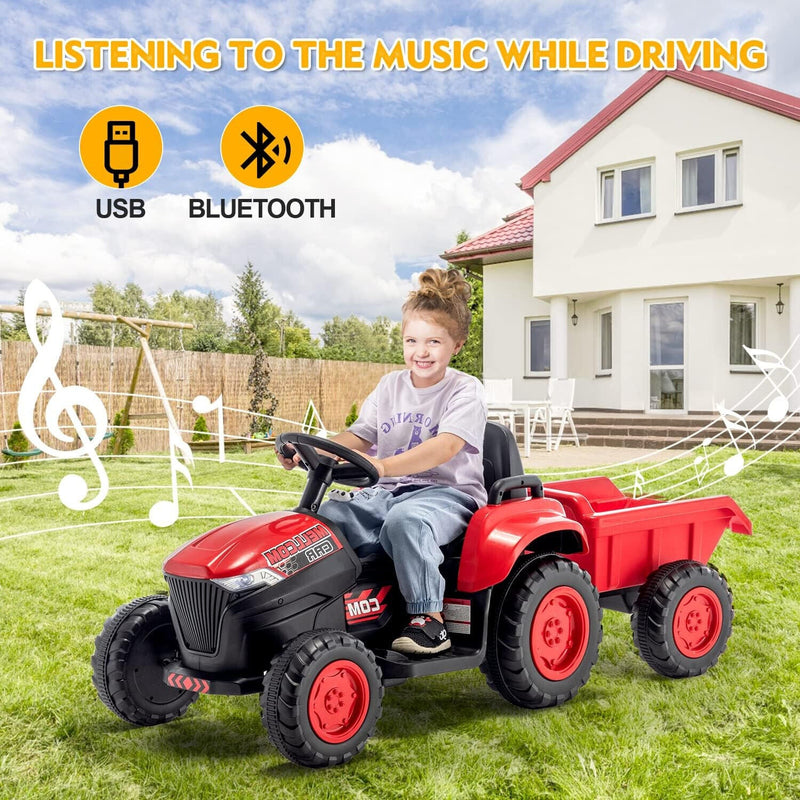 12V Battery Powered Ride-On Tractor with Trailer for Kids