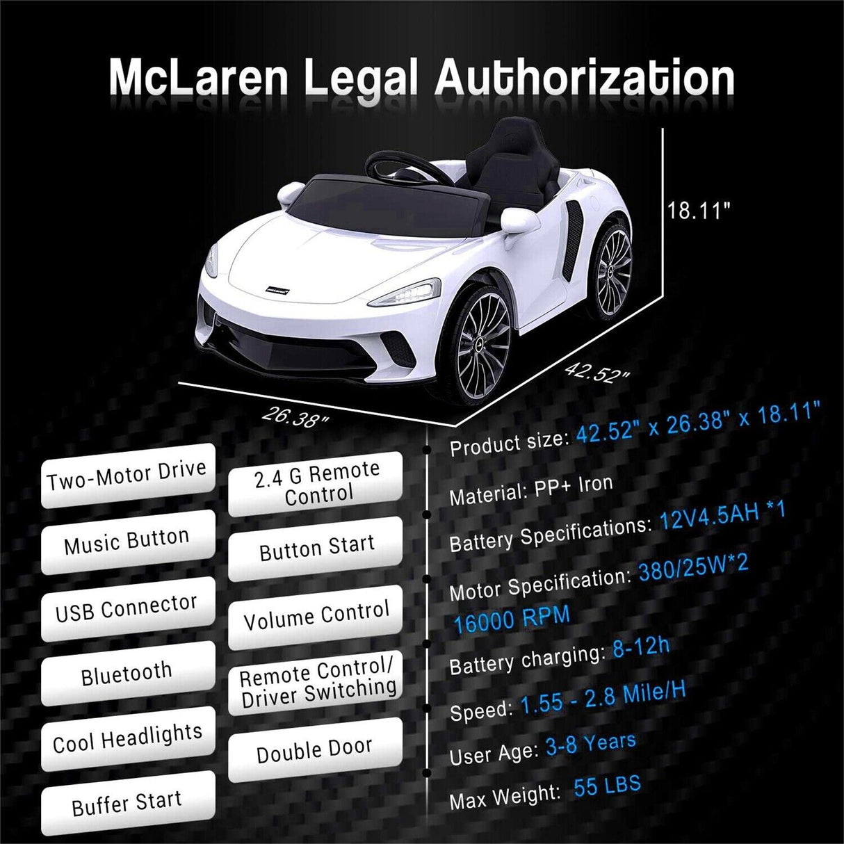 12V Battery Powered Sports Car for Kids with LED Headlights and 2 Speeds - White