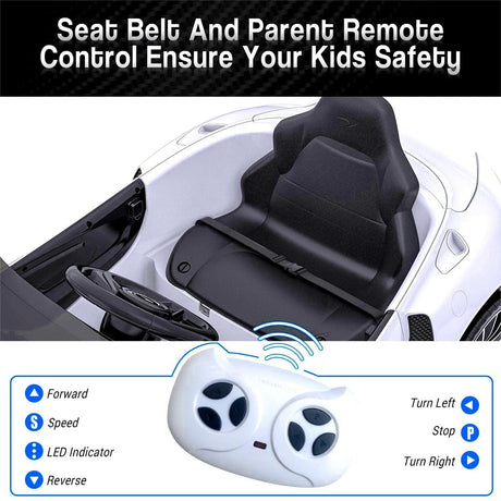 12V Battery Powered Sports Car for Kids with LED Headlights and 2 Speeds - White