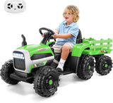 Electric Tractor Ride-On Toy Car with Trailer for Kids - 12V Battery Powered