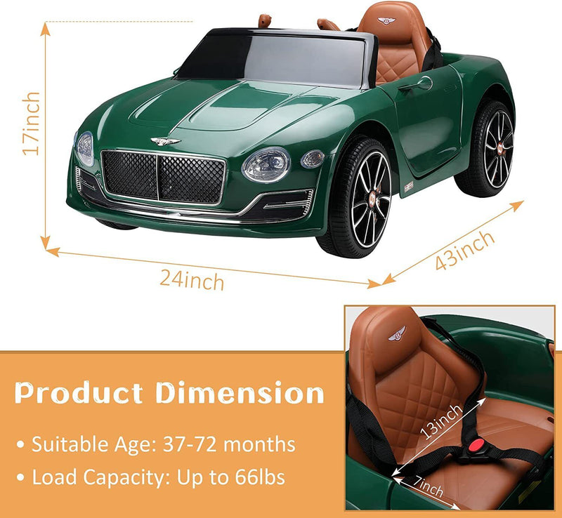 Licensed Bentley Style 12V Electric Ride-On Car with Remote Control and LED Lights - Green