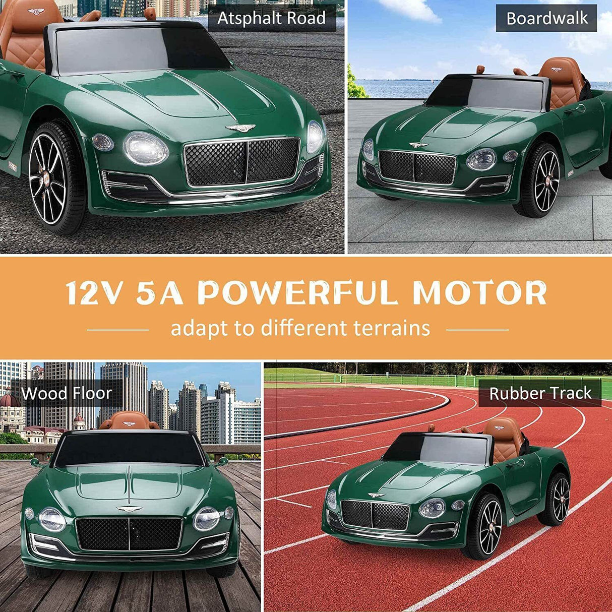 12V Electric Bentley Style Kid Ride-On Car with Remote Control and LED Lights in Green