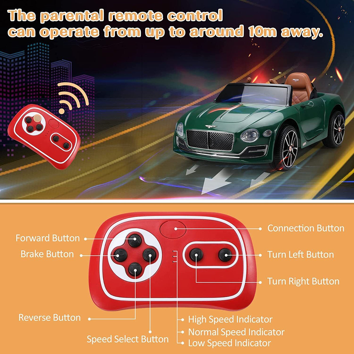 12V Electric Bentley Style Kid Ride-On Car with Remote Control and LED Lights in Green