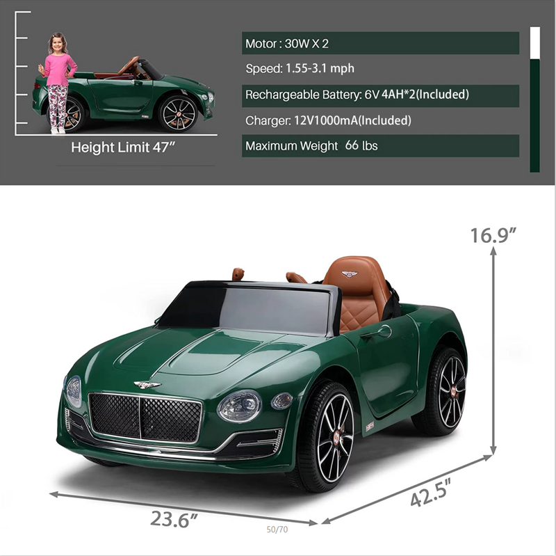 12V Electric Bentley Style Ride On Car for Kids with Remote Control and AUX