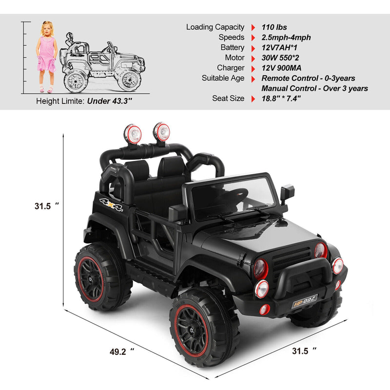 12V Black Kids Ride-On Truck with MP3, LED Lights, Remote Control, and Cover