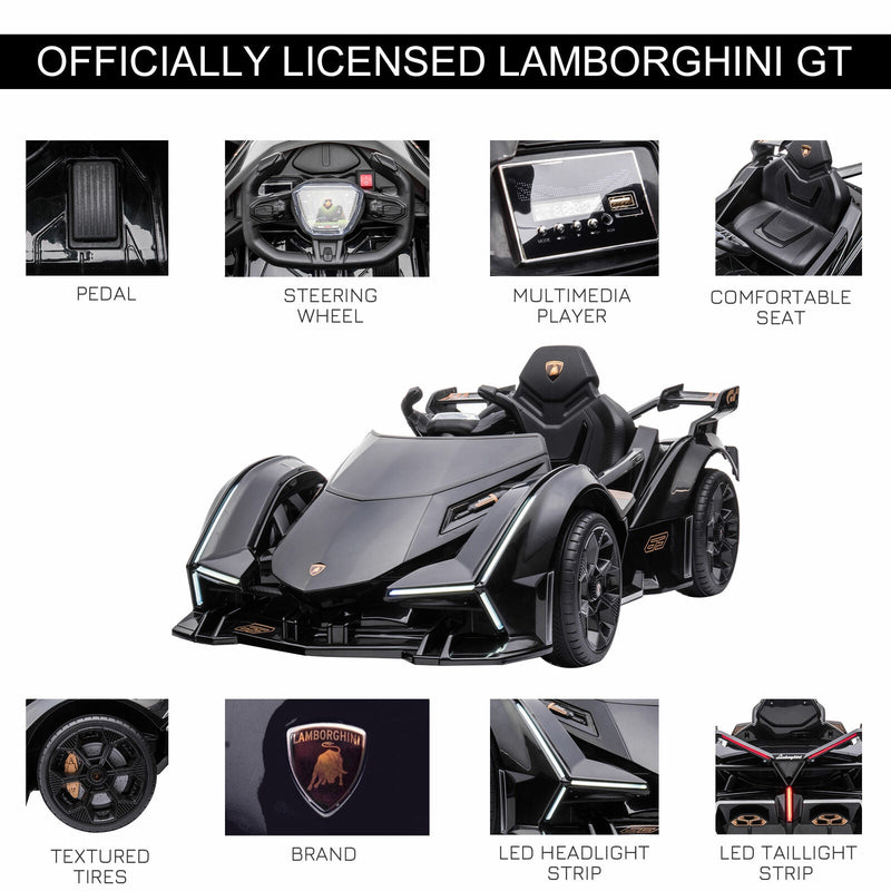 12V Black Lamborghini GT Kids Ride-On Sports Car with Remote Control