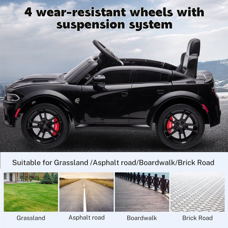 12V Dodge Charger SRT Hellcat Ride-On Toy with Remote Control, MP3, and LED Lights for Kids