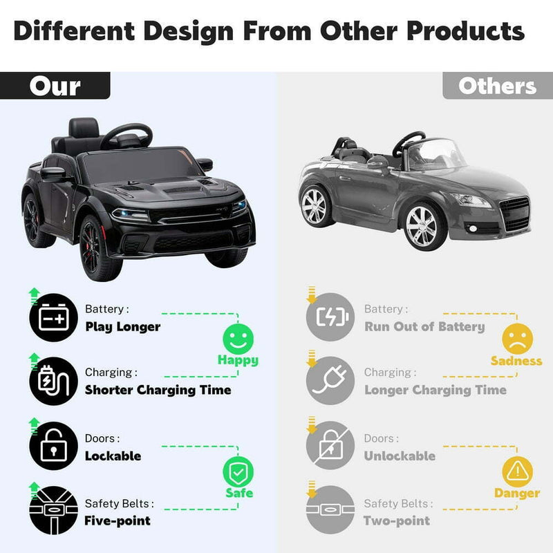 12V Dodge Charger SRT Hellcat Ride-On Toy with Remote Control, MP3, and LED Lights for Kids