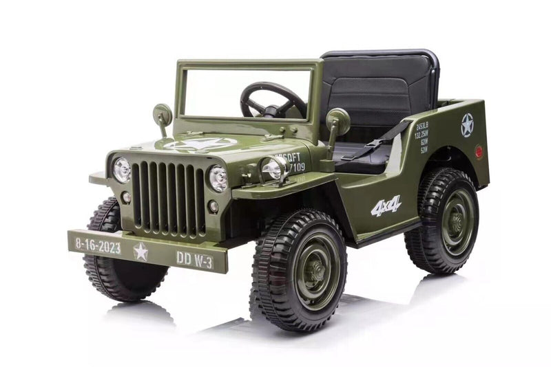 12V Electric Jeep with Bluetooth MP3, Rubber EVA Tires, and Remote Control in Tan, Black, and Green
