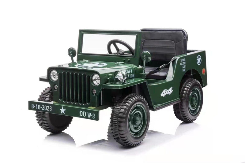 12V Electric Jeep with Bluetooth MP3, Rubber EVA Tires, and Remote Control in Tan, Black, and Green