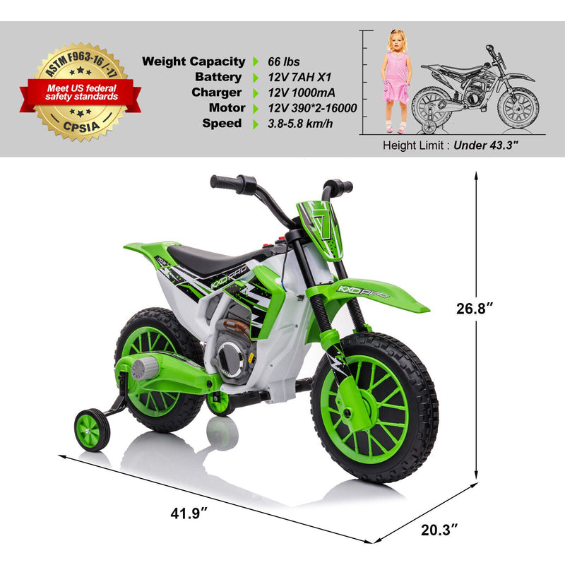 12V Electric Kids Ride-On Dirt Bike with Training Wheels - Battery Powered Motorcycle