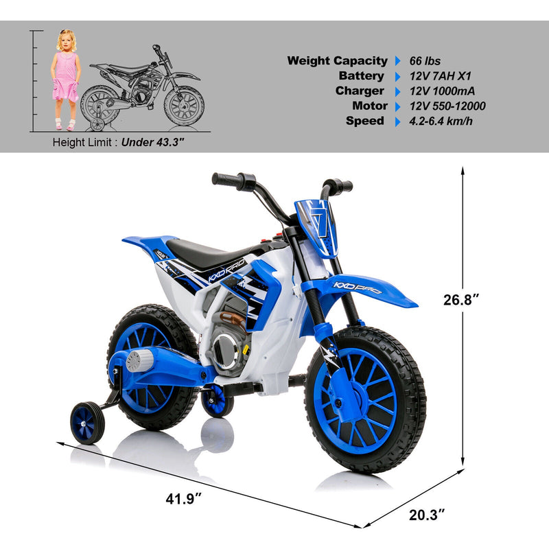 12V Blue Kids Ride On Motorcycle with Training Wheels - Electric Motorbike for Young Riders