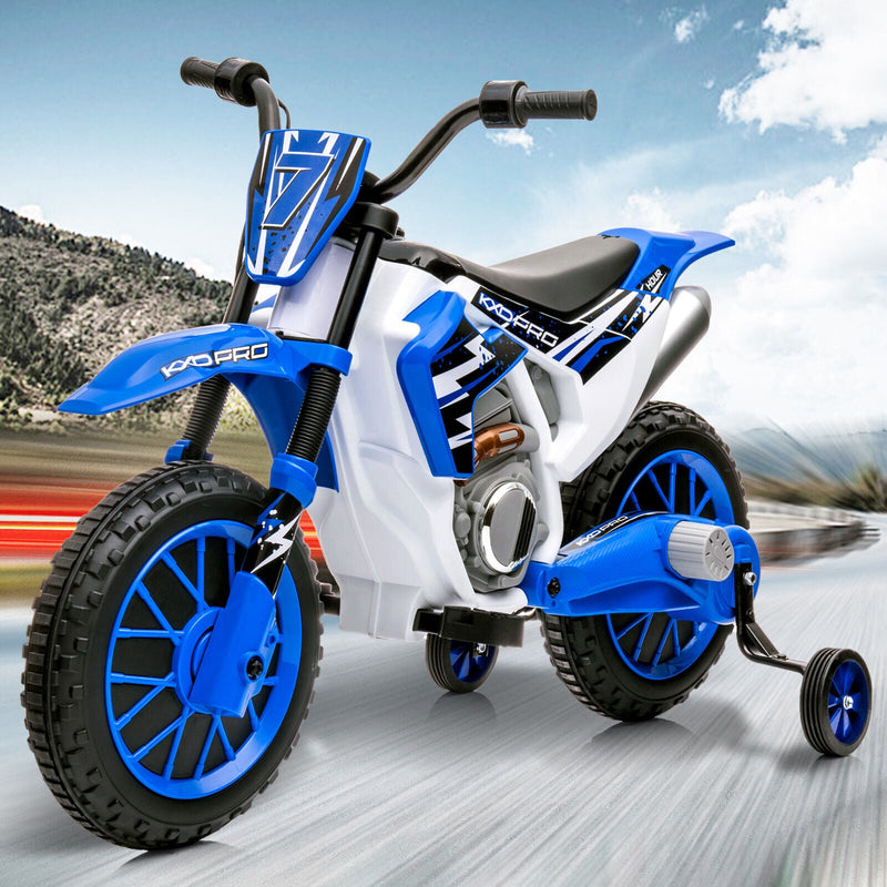 12V Blue Kids Ride On Motorcycle with Training Wheels - Electric Motorbike for Young Riders