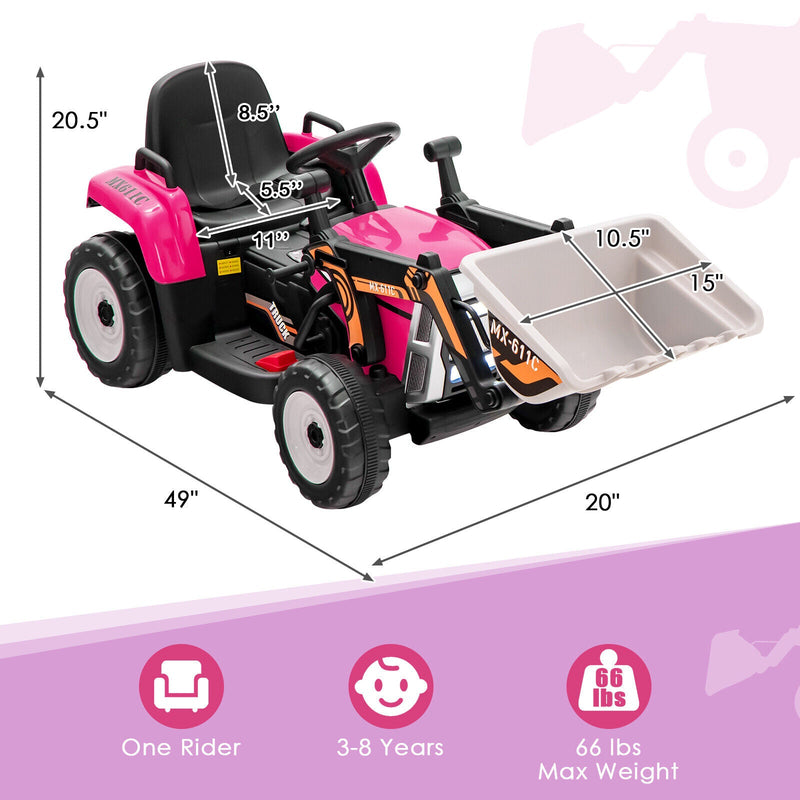 12V Electric Pink Excavator Digger Tractor with RC Control and Digging Bucket for Kids