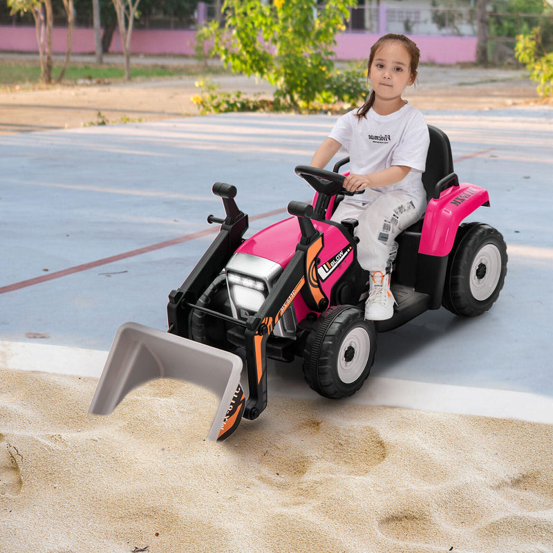 12V Electric Pink Excavator Digger Tractor with RC Control and Digging Bucket for Kids