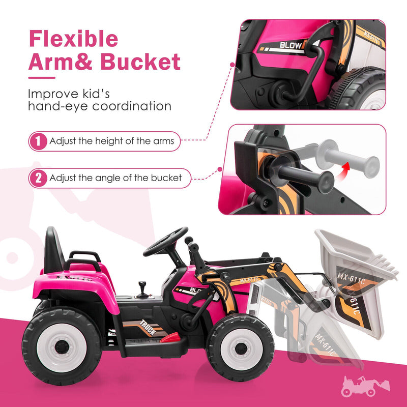 12V Electric Pink Excavator Digger Tractor with RC Control and Digging Bucket for Kids