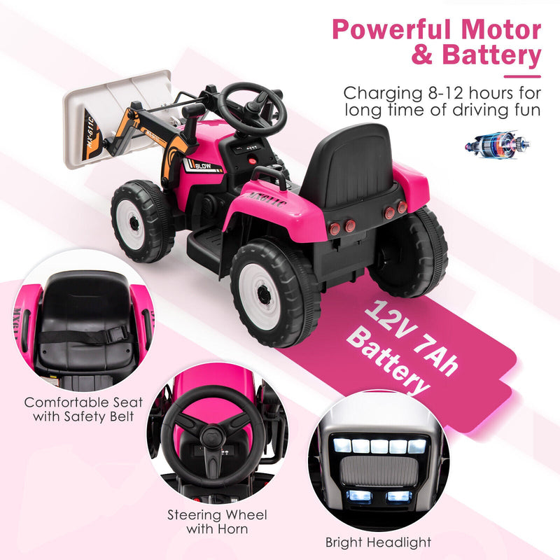 12V Electric Pink Excavator Digger Tractor with RC Control and Digging Bucket for Kids
