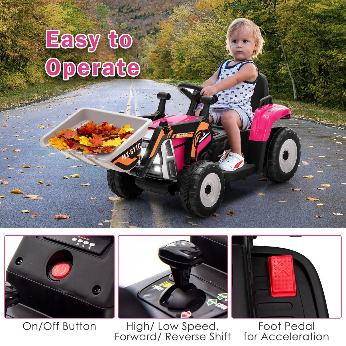 12V Electric Pink Excavator Digger Tractor with RC Control and Digging Bucket for Kids