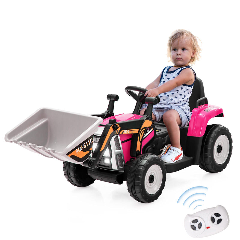 12V Electric Pink Excavator Digger Tractor with RC Control and Digging Bucket for Kids