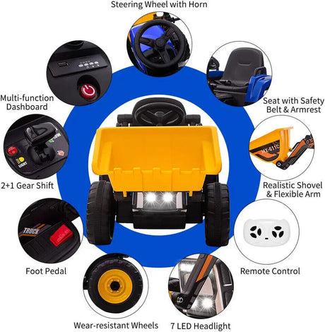 12V Electric Ride On Car for Kids with Bluetooth Remote and Bucket Control