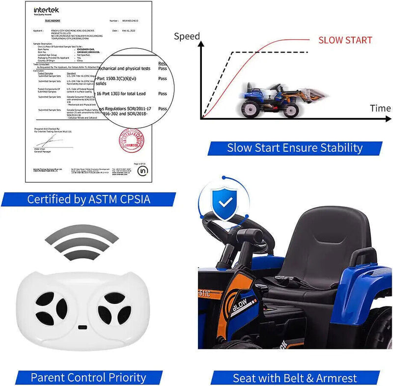 12V Electric Ride On Car for Kids with Bluetooth Remote and Bucket Control