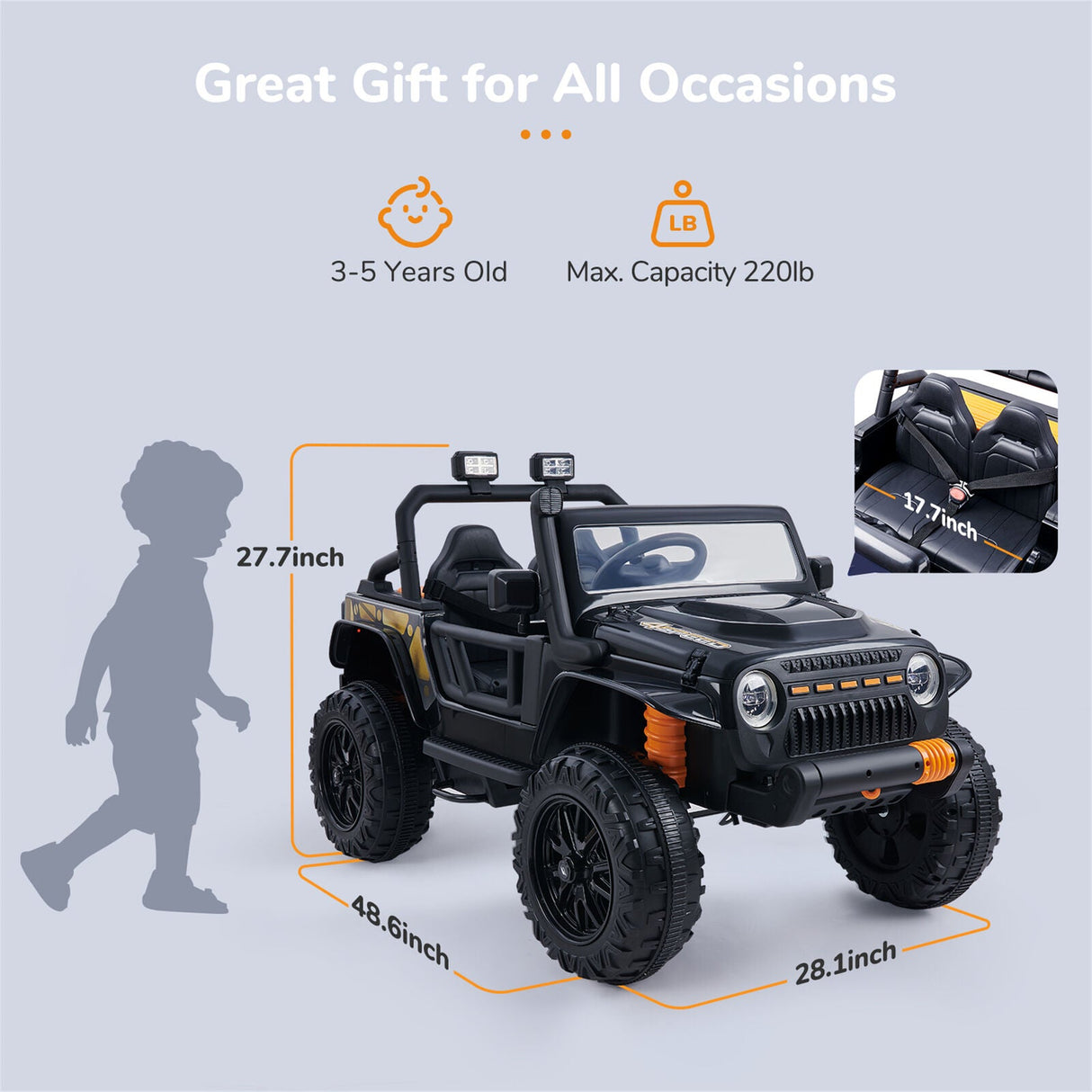 KLOKICK 12V Electric Off-Road UTV Truck for Kids with LED Headlights and Music